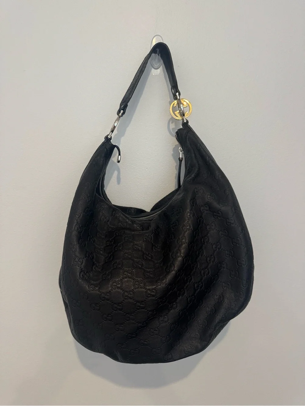 Gucci Black Embossed Leather Hobo Bag with Matching Wallet